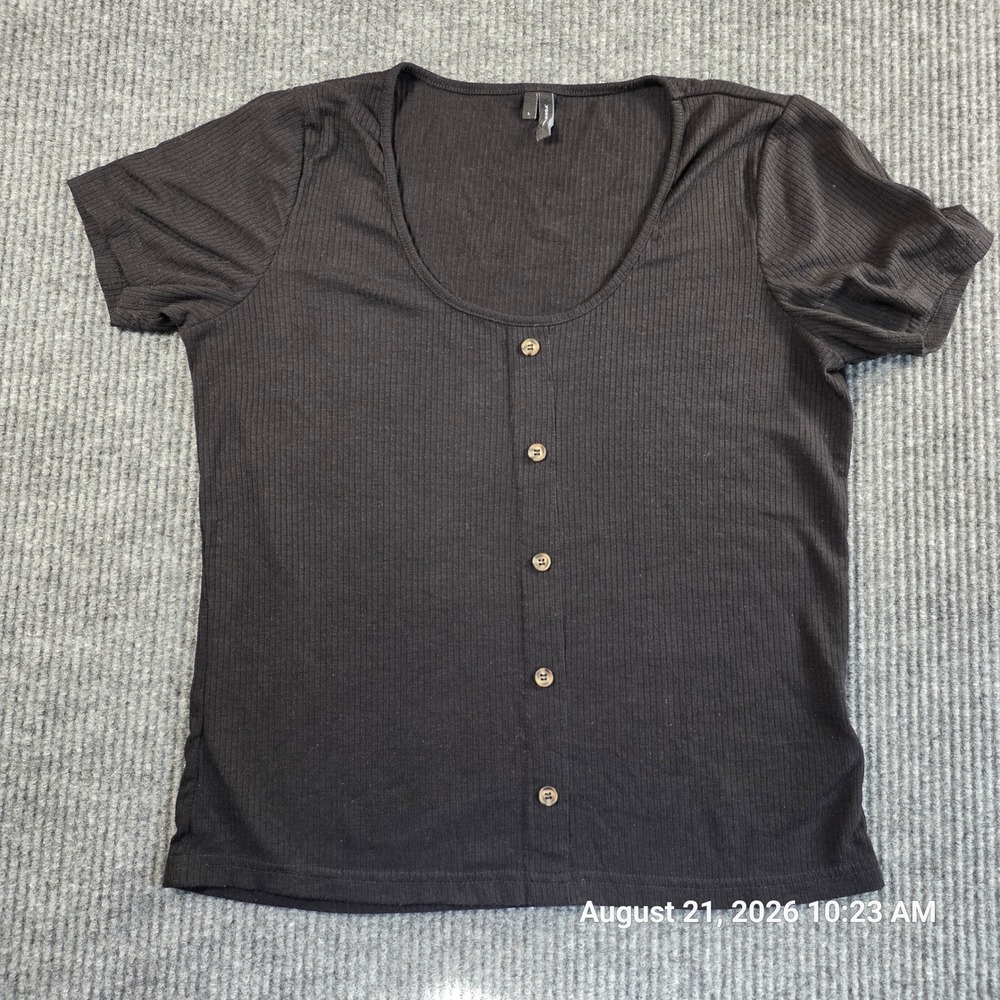 Vero Moda Womens Large Black Ribbed Scoop Neck Button Front Short Sleeve Top